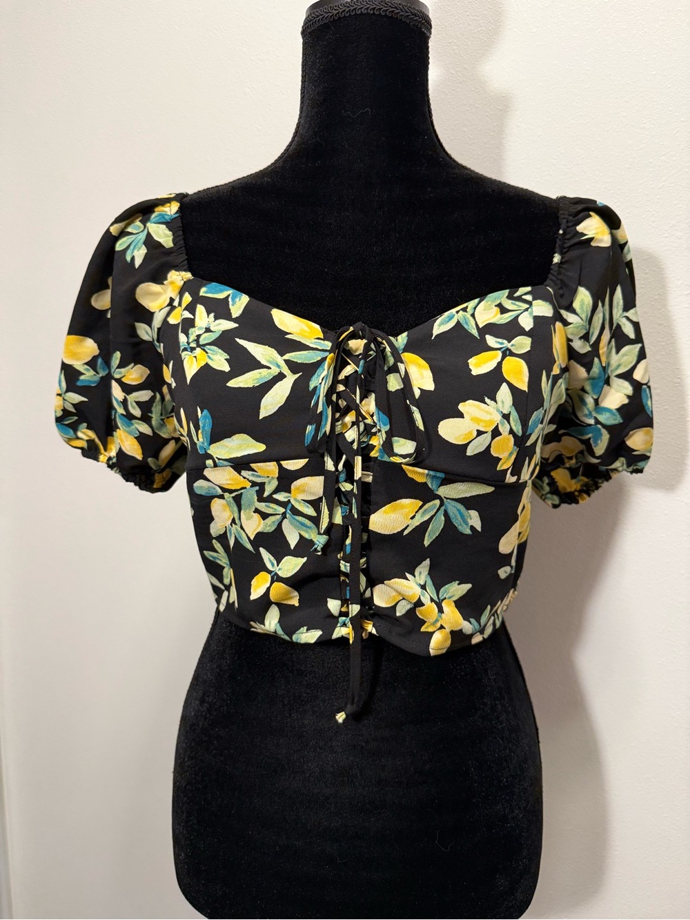 Lily Rose Black Floral Tie-Front Crop Top with Yellow & Green